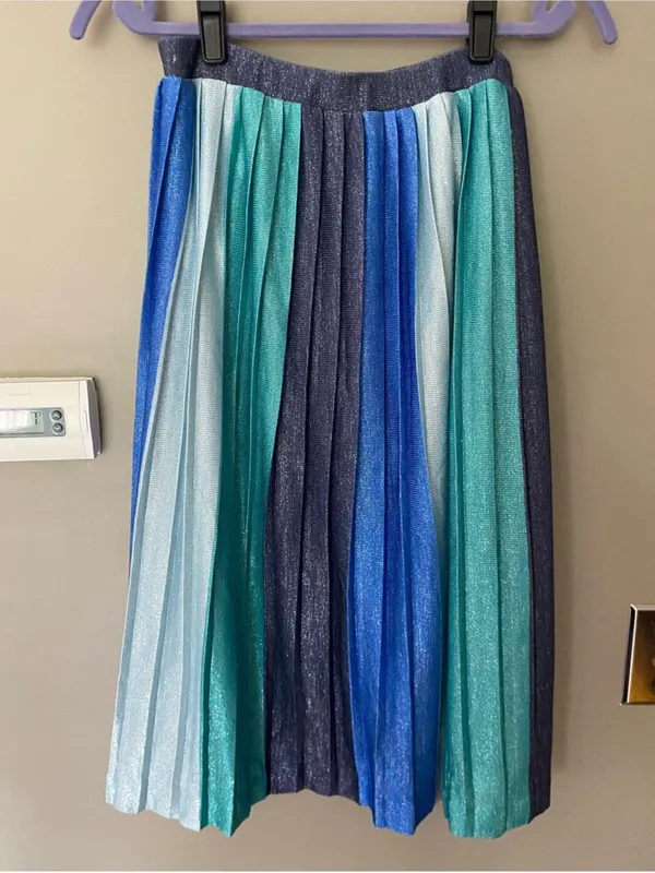 Maeve Anthropologie Sunburst Metallic Blue Pleated Midi Skirt Paneled Patchwork - Image 4