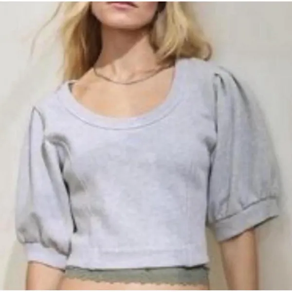 Aerie Seams Right Puff Sleeve Crop Top Medium Heather Gray Grey Athleisure - Image 2