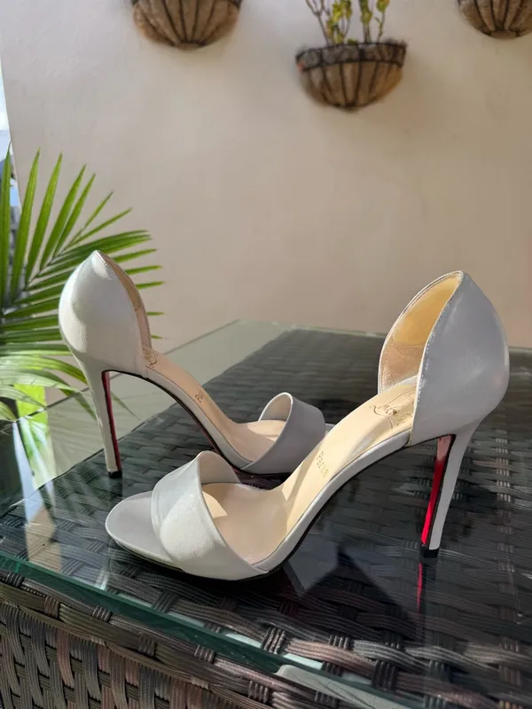 Christian Louboutin Light Grey Leather Open-Toe Stiletto Heels with Red Sole - Image 3