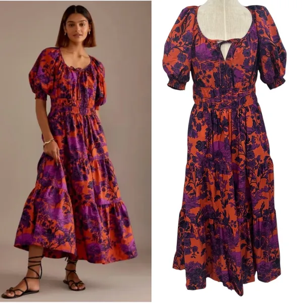 Anthropologie The Somerset Puff-Sleeve‎ Maxi Dress Floral Orange Purple Small - Image 2