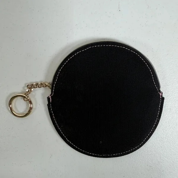 Victoria's Secret Coin Purse Keychain Black Canvas Pink Heart Zip Pouch Round - Image 5
