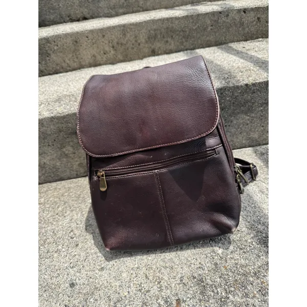 Davis King Vintage Dark Brown Patina Leather Mini Rucksack Flap Zipper Pockets - Image 8