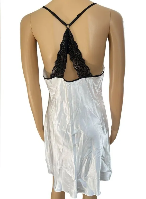 NEW Linea Donatella White Black Silky Satin Bridal Mrs Romantic Lace Slip Dress - Image 6