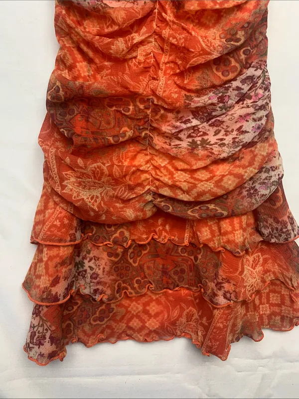 Roberta small 90s y2k Orange Ruffle ruched V-Neck Slip Dress brat party mini - Image 5