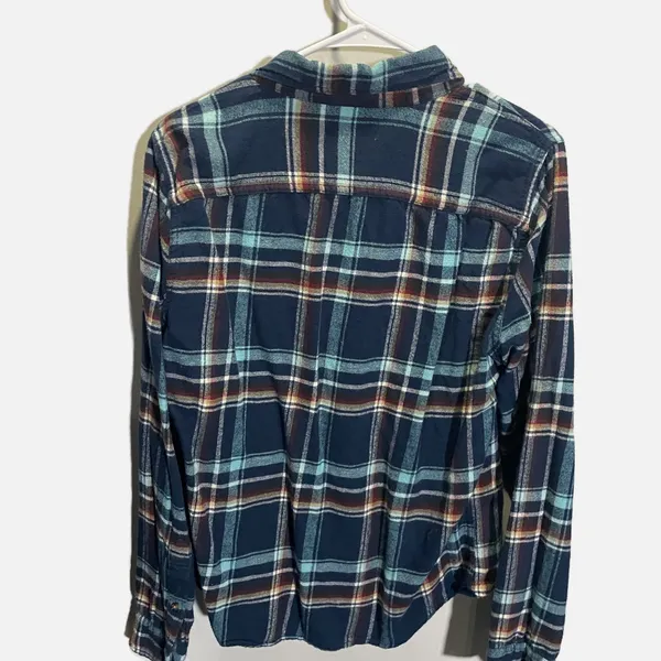 Hollister Womens Plaid Flannel Shirt Navy Blue Teal Button Down‎ Long Sleeve M - Image 4