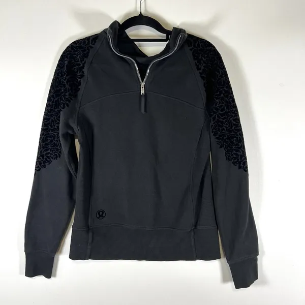 Lululemon‎ Women's Floral Flock Pullover Black Mock Neck Sweatshirt Back Size 10 - Image 8