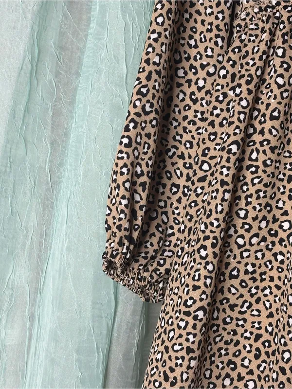 Altar'd State Beige and Black Leopard Print V-Neck Long Sleeve Dress - Image 4
