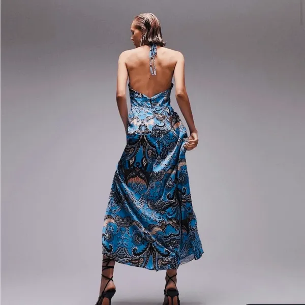 TopShop Blue Paisley Silky Cutout Halter Maxi Dress - Image 3