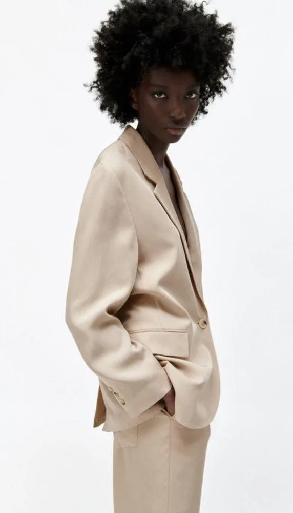 ZARA NEW Women's Size Beige One-Buttoned Long Sleeve Oversized Blazer Jacket Tan - Image 4