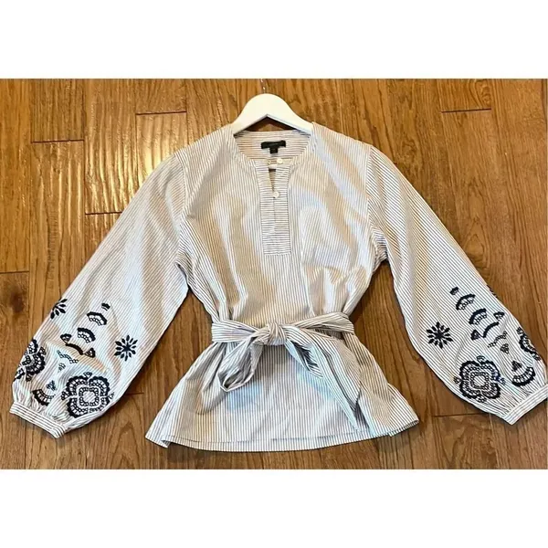 J.Crew striped embroidered tie front blouse size M - Image 12