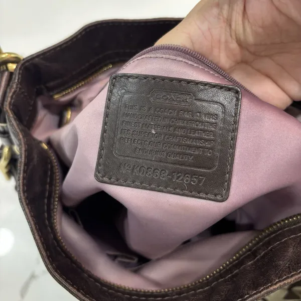 Coach Purse Zoe Signature Khaki Brown Canvas Hobo Shoulder Bag Y2K Leather Trim - Image 6