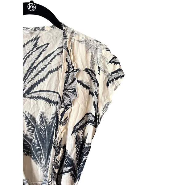 Tropical Palm Print Wrap Dress Cream Black Ruffle High Low Midi Small‎ - Image 7