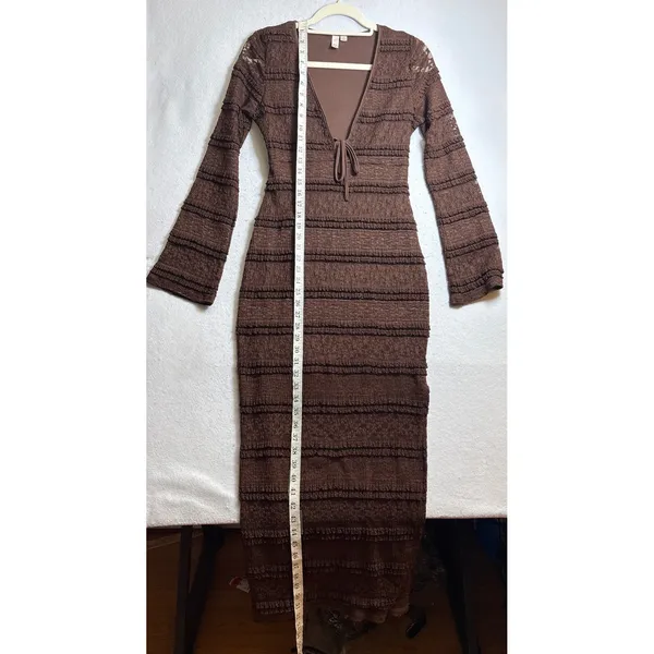 Brown Lace Ruffle Tiered Maxi Dress V-Neck Long Sleeve M - Image 13