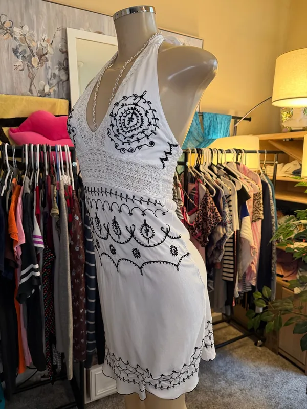 VTG Uluwatu Bali Handmade Lace Embroidered Halter Maxi Dres Size S Boho - Image 3
