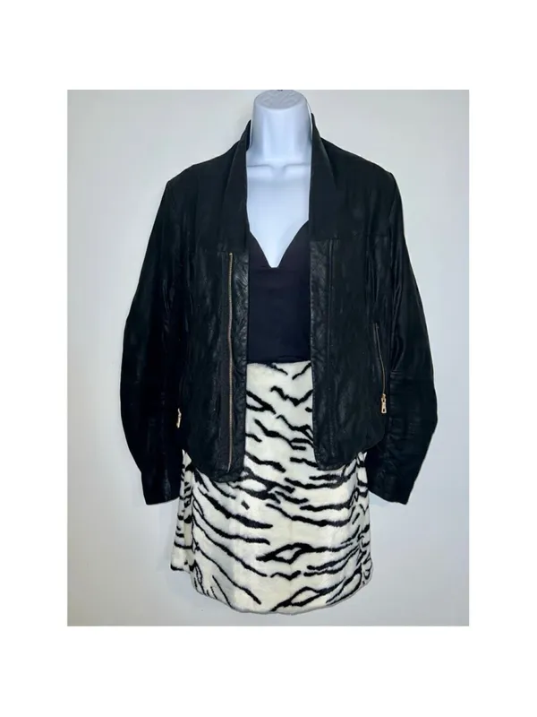 Women’s AQUA Black Leather Jacket MOTO Small - Image 2