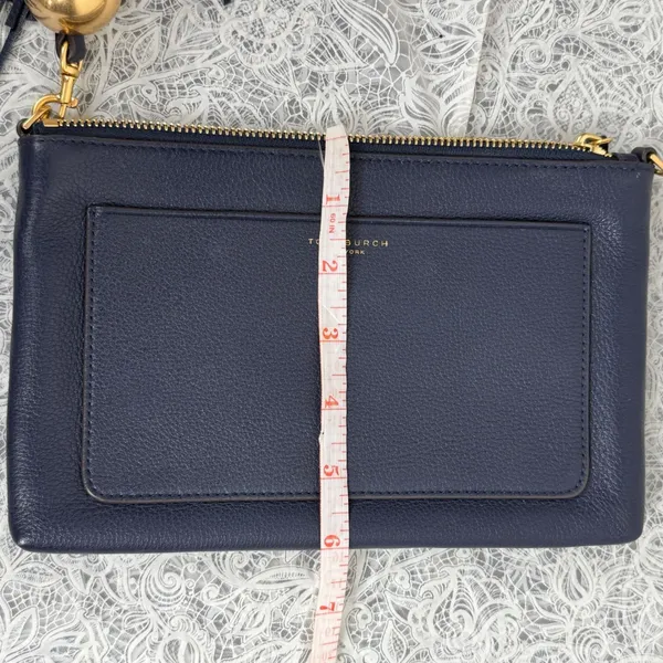 Tory Burch Thea Navy Pebbled Leather Tassel Clutch Bag Gold Hardware - Image 7