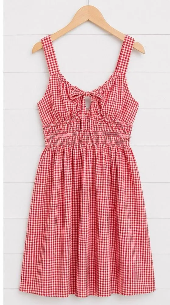 Asos pink and red gingham smocked waist mini dress milkmaid size 6 - Image 2