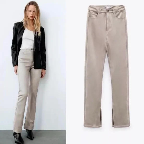 ZARA Faux Suede Pants Ankle Slit Flare Dove Gray Sz 6 Classic City Fall Neutral - Image 9