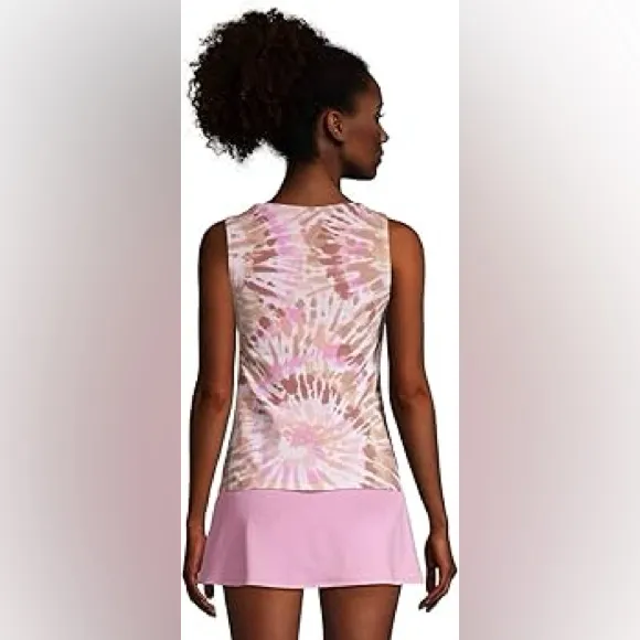 Lands' End Womens Chlorine Resistant High Neck Tankini Swim Top White Tie Dye - Image 2
