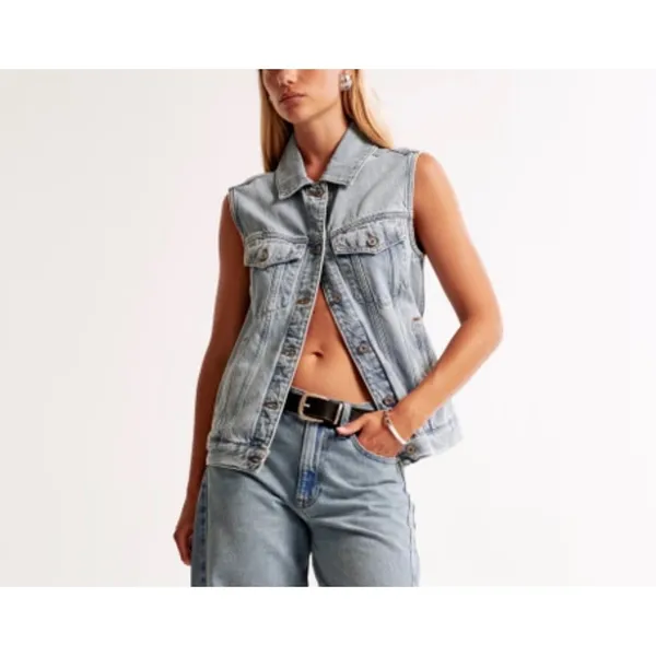 Abercrombie & Fitch Sz S Denim Light Wash Button Vest Real Pockets Streetwear - Image 3