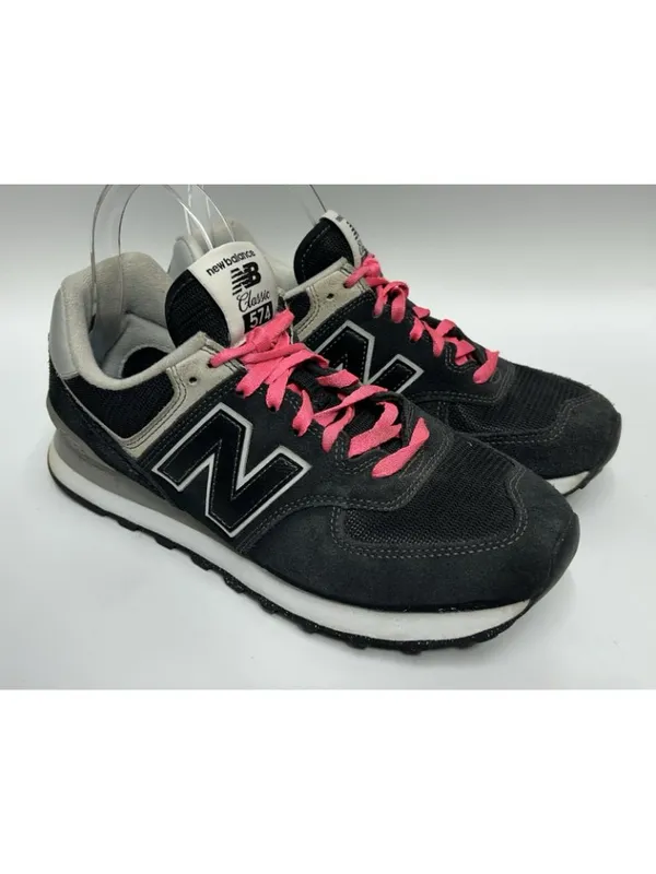 New Balance 574 Sneakers Womens 8 Black Suede Pink Laces Retro Running Athletic - Image 2