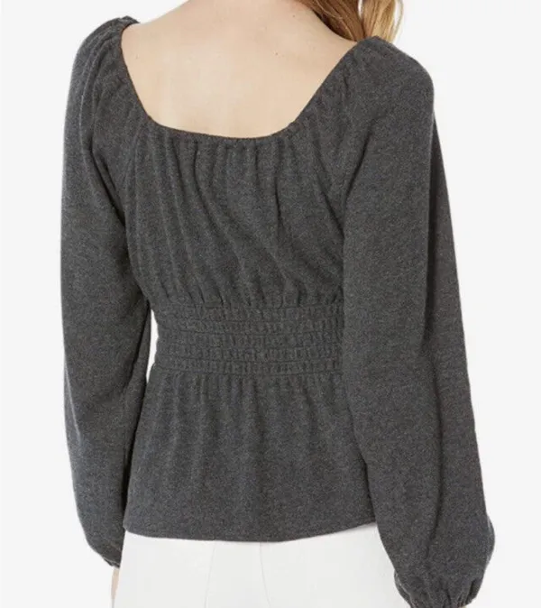 Sweater Plush Square-Neck Smocked Top Long Sleeve Dark Gray M - Image 2