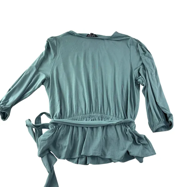 Lauren Ralph Lauren Black Label Wrap Top Womens L Teal Peplum Jersey V Neck Soft - Image 3