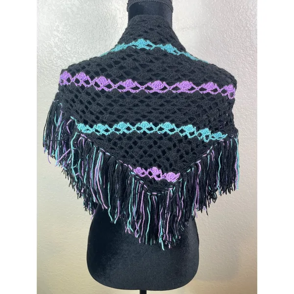 Womens Handmade Free Size Crochet Shawl Black Teal Purple Fringe Boho Wrap Layer - Image 2