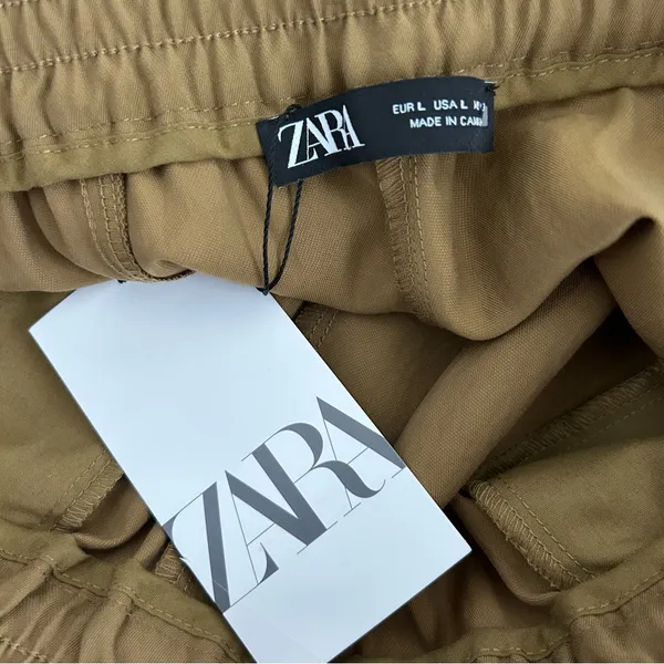 Zara Tan Brown High Rise Viscose Wide Leg Pleated Pull On Cropped Trouser L NWT - Image 5