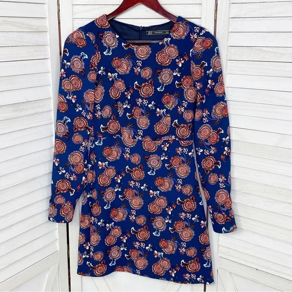 Zara Trafaluc Sheath Dress Floral Long Sleeve‎ Blue Size XS - Image 9