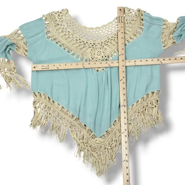 UMGEE Boho Peasant Crochet Fringe Hem Triangle Top‎ Teal Green Tan Large Hippie - Image 13