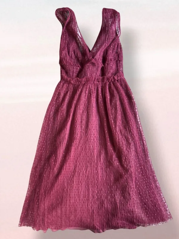 ZARA Burgundy Swiss Dot Mesh Midi Dress Small Sheer V-Neck Ruffle - Image 8