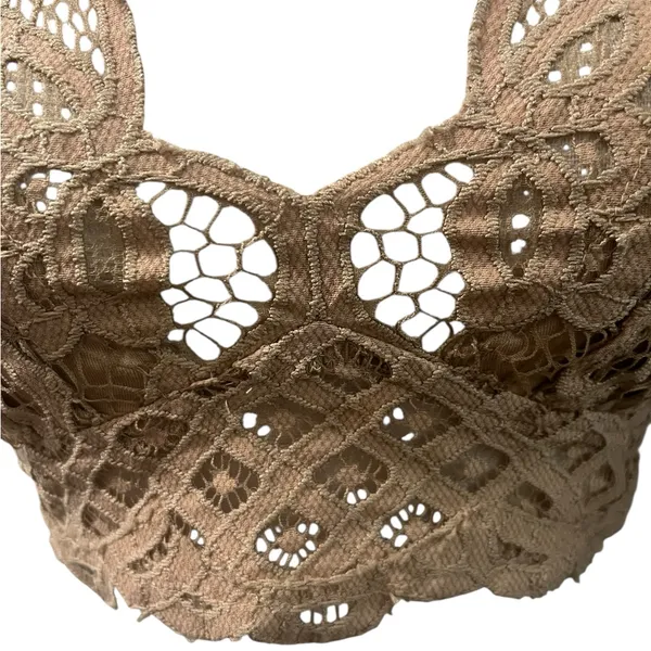 Free People One Adella Bralette Crochet Lace Tan Camel Nude Cross Strap Boho M - Image 3