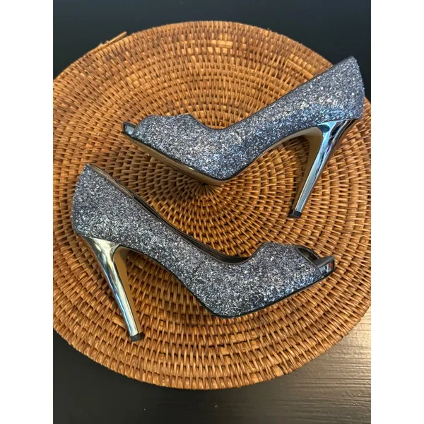 Nine West Silver‎ Glitter Peep Toe Pumps Metallic Stiletto Heels Womens 7.5M - Image 5