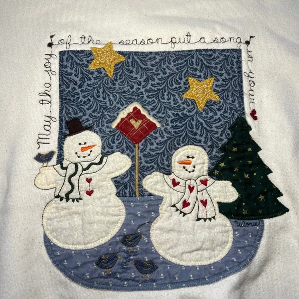 VTG 90s Folk Art Applique Sweatshirt‎ XL Embroidered Snowman Made USA Christmas - Image 2