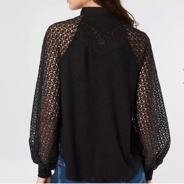Free People Black Sweetest Thing Thermal Top Crewneck Top - Image 4