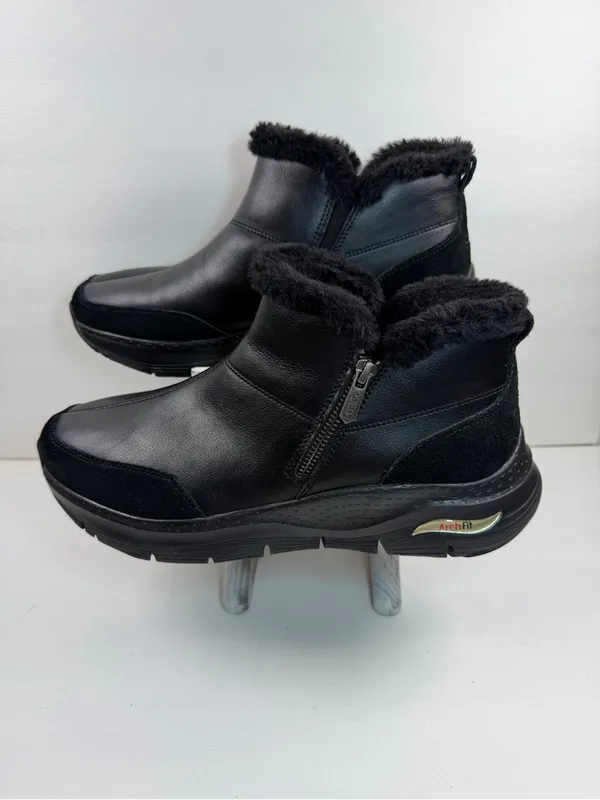 Skechers Arch Fit Women’s 11 Black Leather Faux Fur Ankle Boots Zip Comfort - Image 2