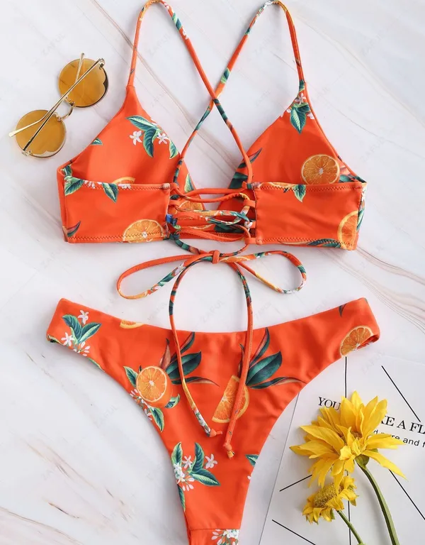 Zaful Orange Blossom Print Bikini Set - Image 4