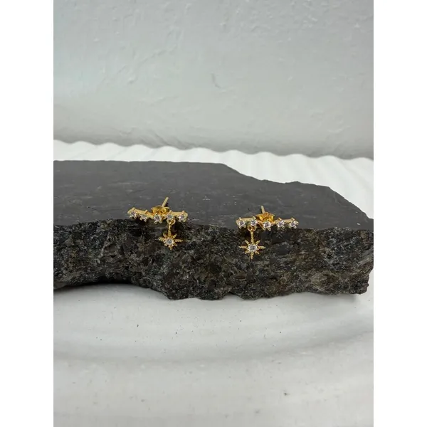 Gold Starburst CZ Drop‎ Earrings Dainty Celestial Earrings New - Image 5