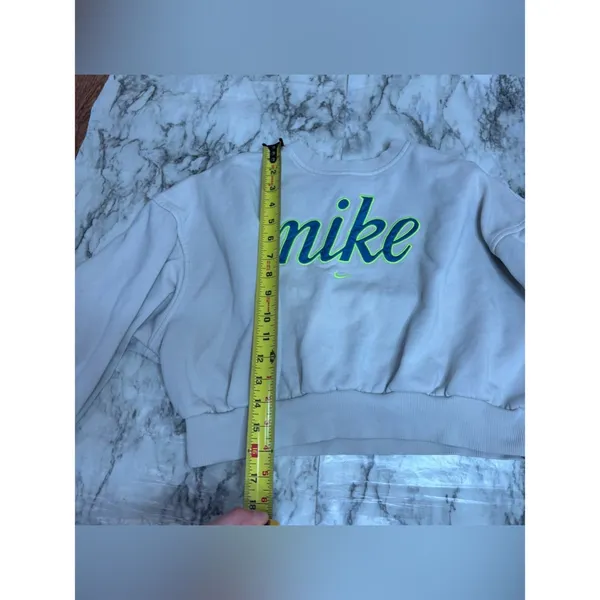 Nike off White Cropped Crew Sweatshirt Neon Green Navy logo spell out medium - Image 6