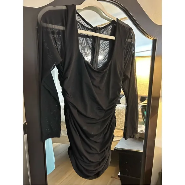 New Black Ruched Bodycon Square Neck Mini Dress M Size M - Image 3