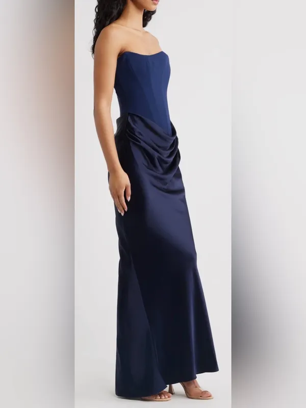 NEW HOUSE OF CB Persephone Strapless Corset Satin & Stretch Crepe navy Gown Sz M - Image 4