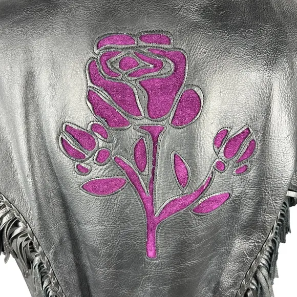 UNIK Leather Fringe‎ Biker Jacket Small Black Purple Rose Inlay Motorcycle Goth - Image 5