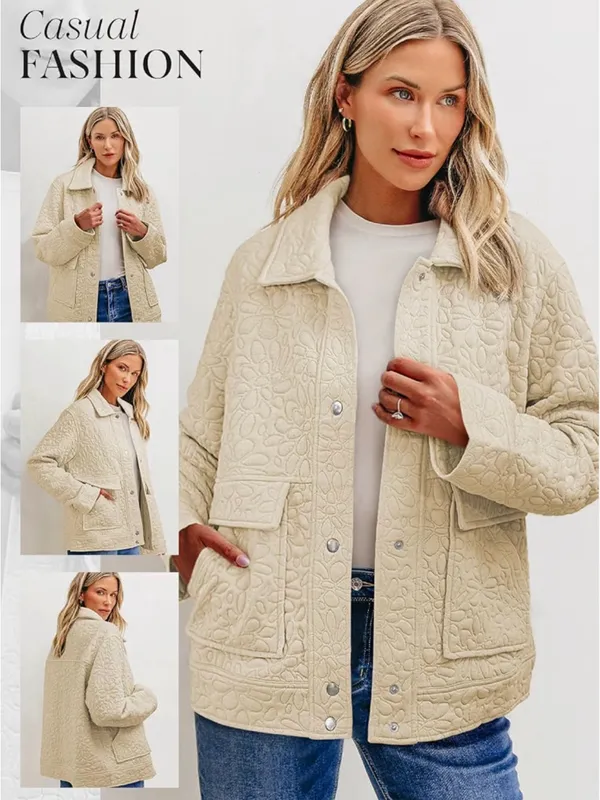 Women's Beige Quilted Loose Fit Button Down Jacket. AO6 - Image 4