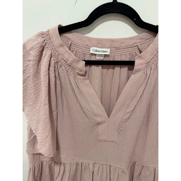 Calvin Klein Pink Crinkle Tiered Mini Dress Flutter Sleeve Pockets Size 16 - Image 2