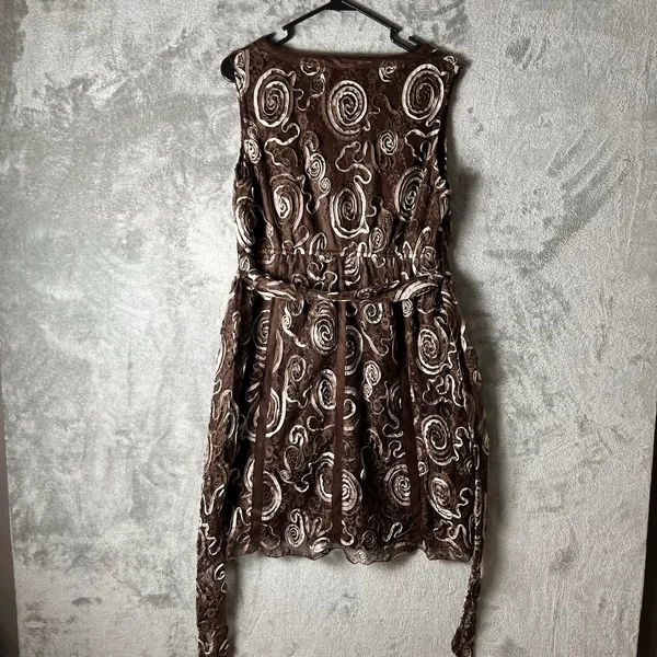 Vintage Y2K Brown Textured Tulle Babydoll V Neck Sleeveless Dress‎ Boho Indie LG - Image 3