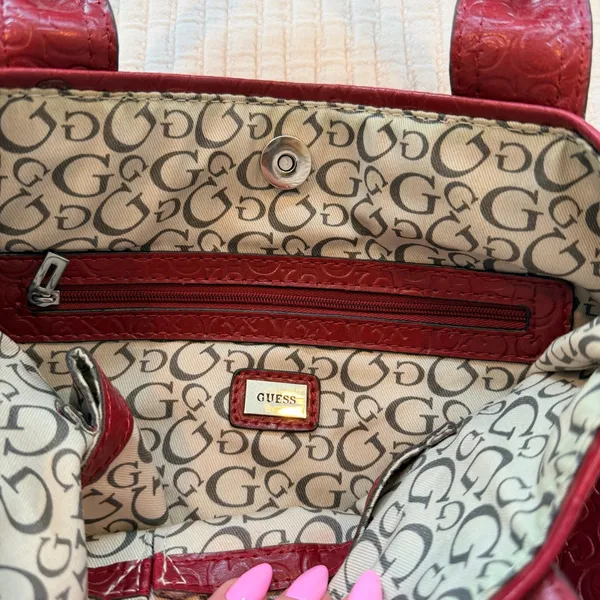 GUESS Y2K Burgundy Monogram Hand Bag Signature Silver Triangle Rhinestone Logo - Image 12