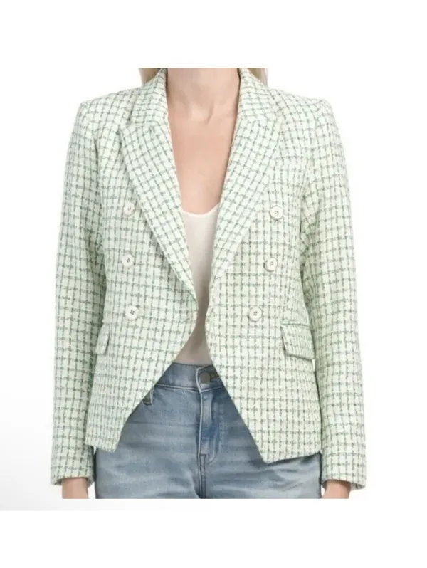 Rachel Zoe Womens Tweed Blazer Small Green White Double Breasted Jacket Plaid - Image 6