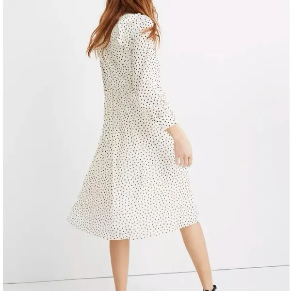 Madewell Smocked Ruffle Shoulder Midi Dress Small Inkbrush‎ Dots White Black - Image 2