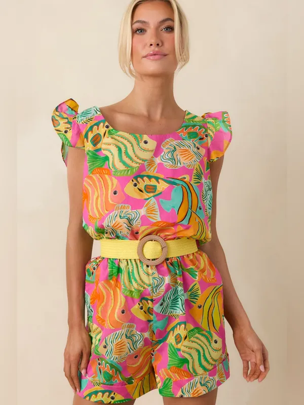 Paradisa Melbourne Pink Multi Cotton Fish Print Romper Size Small - Image 5